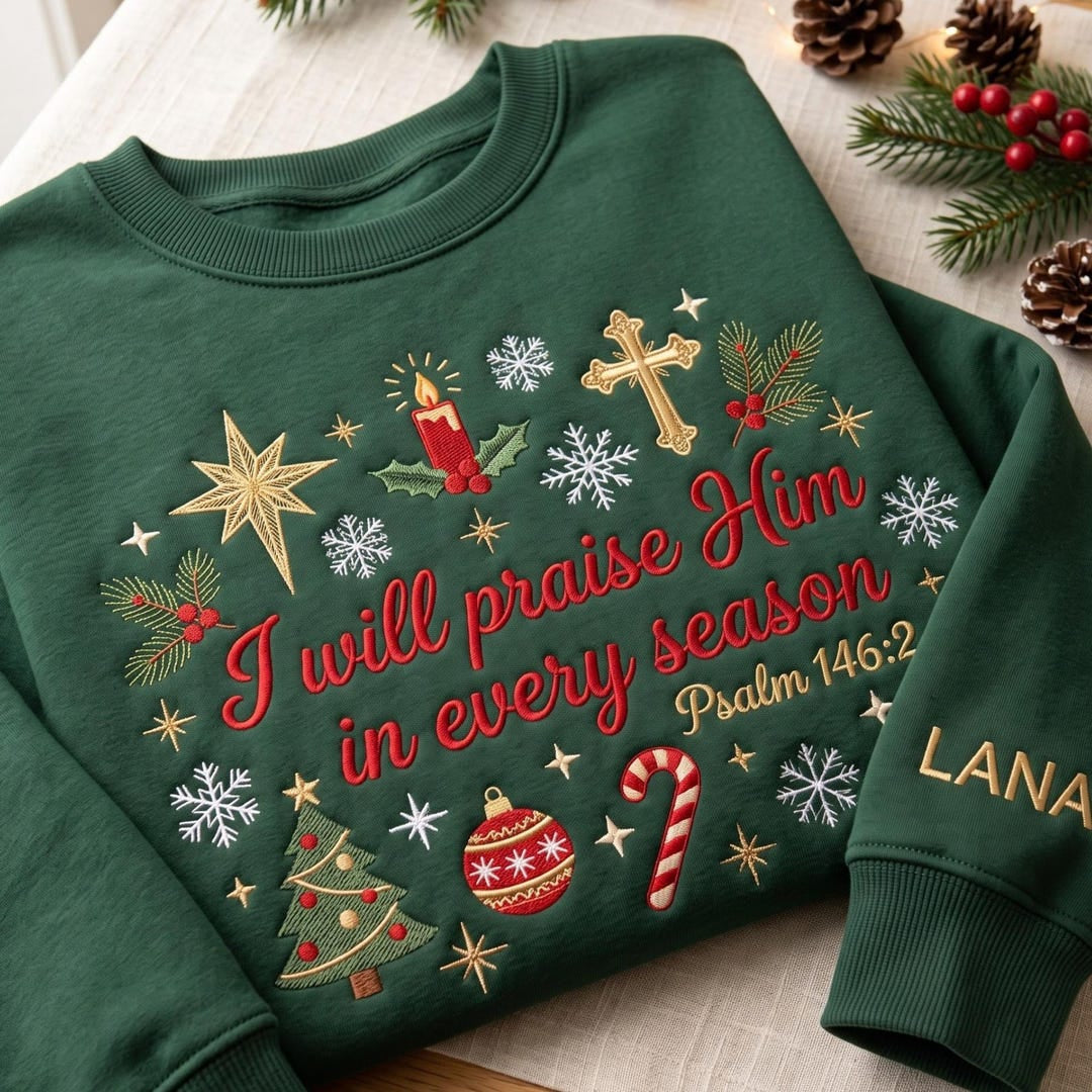 Personalized I Will Praise Him in Every Season Psalm 146:2 Christmas Faith Cross embroidered sweatshirt — front view