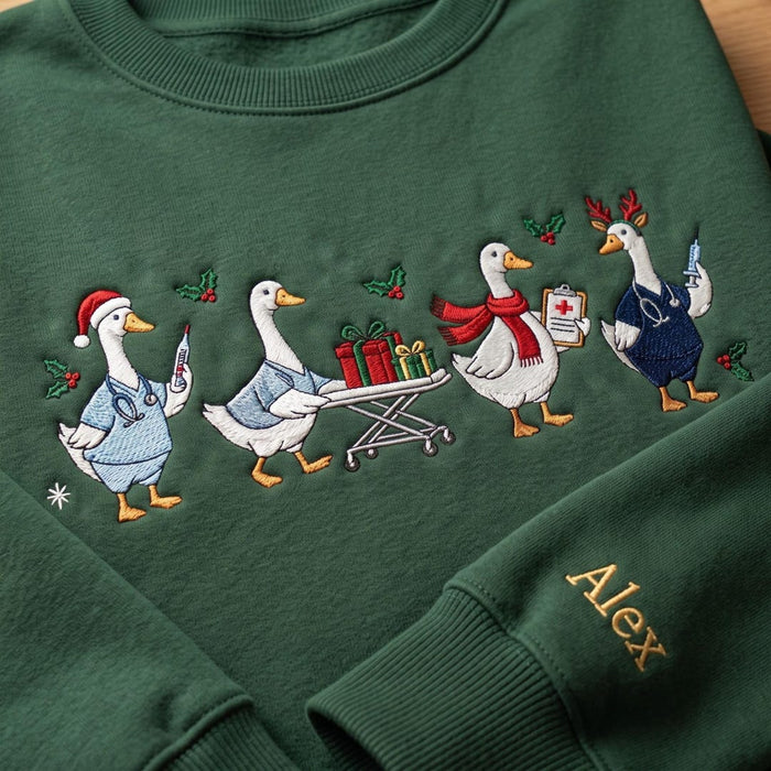Personalized Christmas Healthcare Geese Nurse Medical Santa Hat Scrubs Embroidered Sweatshirt