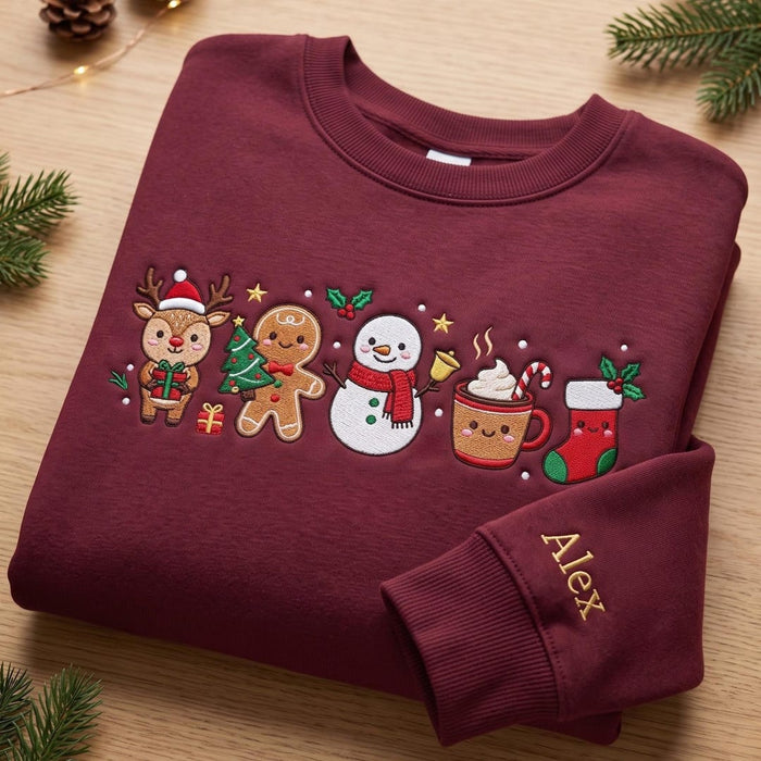 Personalized Christmas Characters Reindeer Gingerbread Snowman Cocoa Stocking Custom Name Embroidered Sweatshirt
