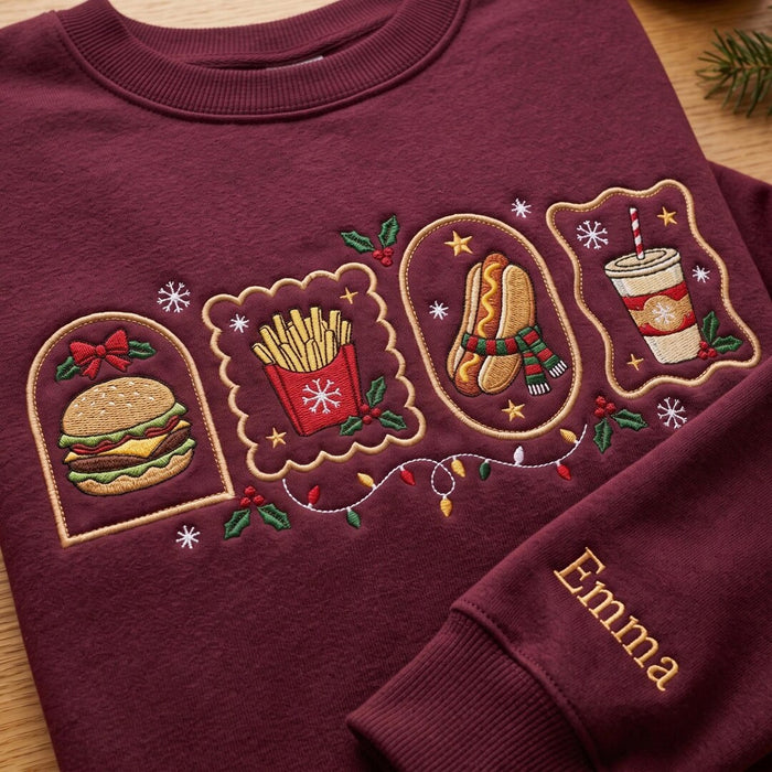 Personalized Christmas Fast Food Lover Burger Fries Hot Dog Soda Holiday Embroidered Sweatshirt