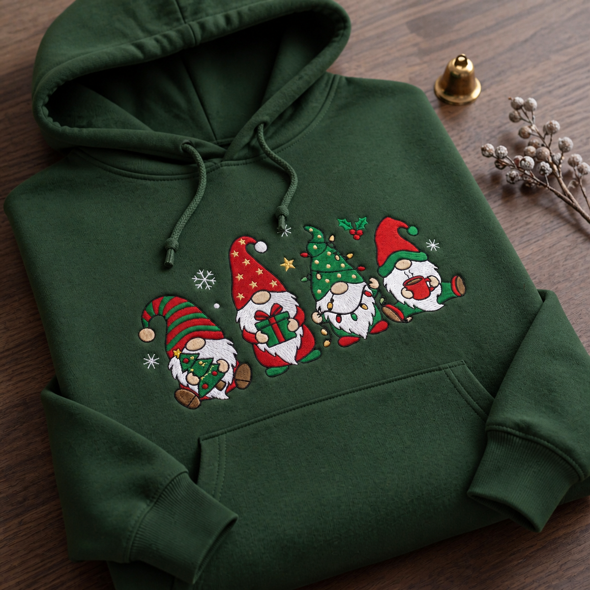 Personalized Four Christmas Gnomes Holiday Festive Embroidered Hoodie