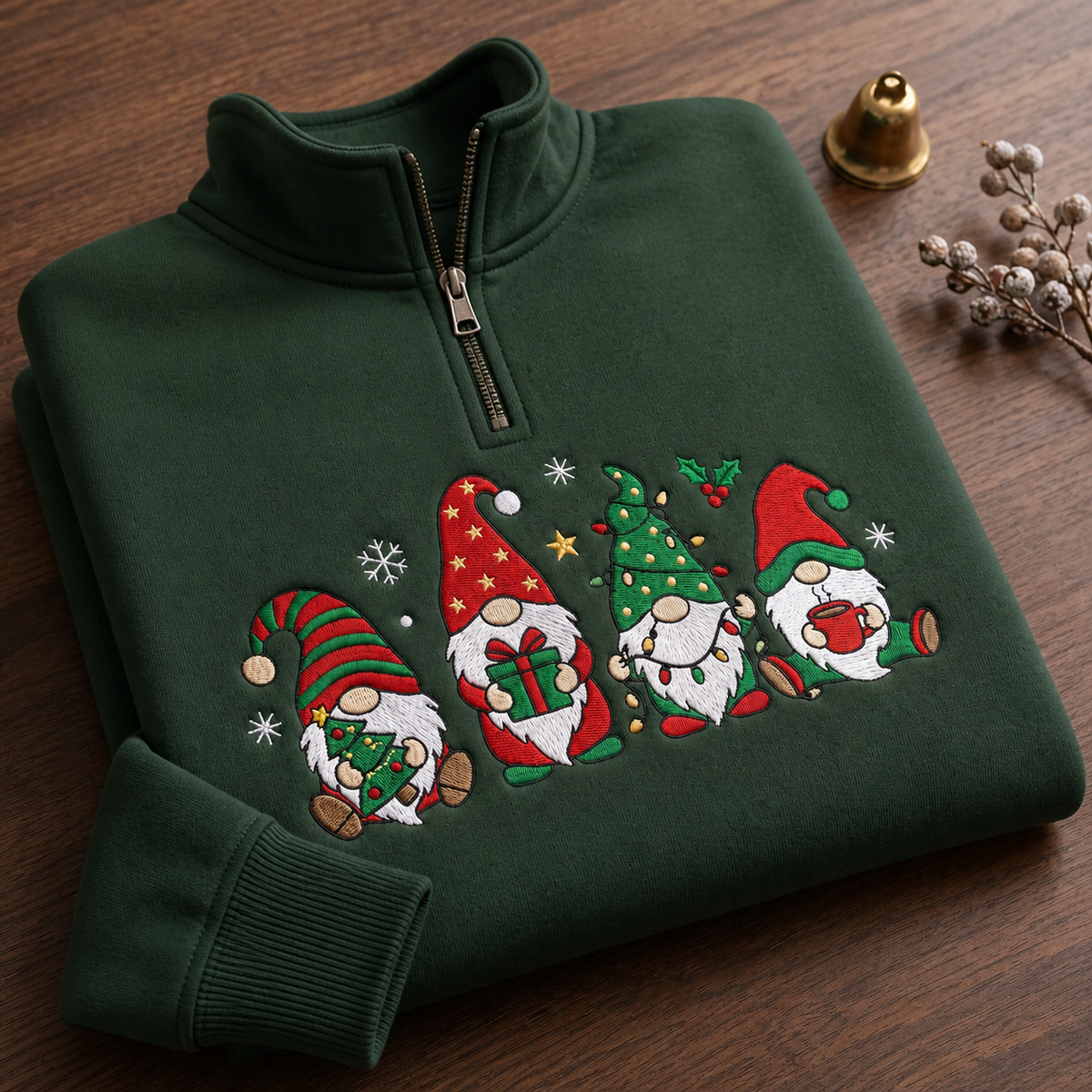 Personalized Four Christmas Gnomes Holiday Festive Embroidered Quarter-Zip