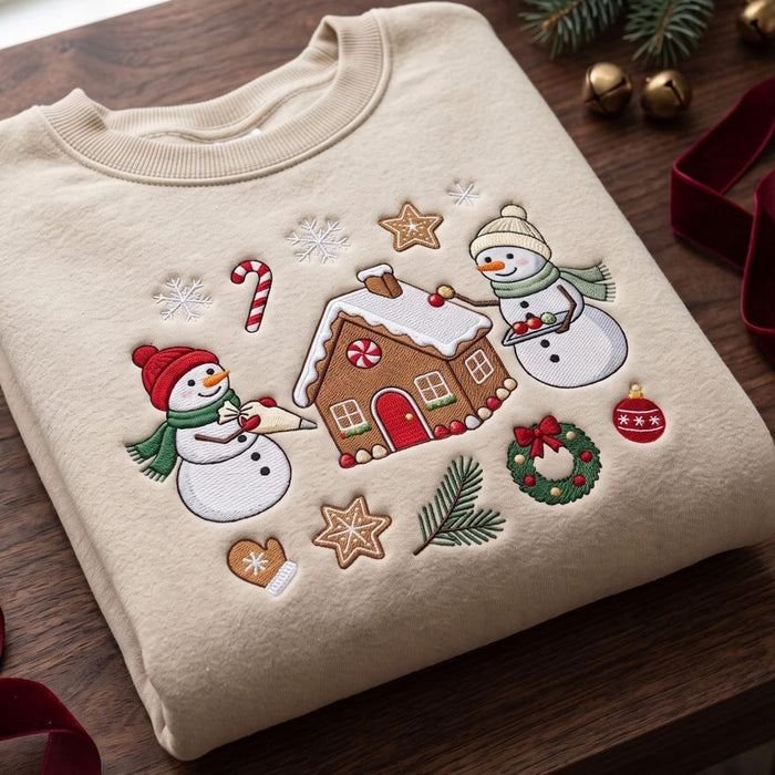 Personalized Christmas Two Snowmen Gingerbread House Candy Cane Wreath Custom Name Embroidered Sweatshirt