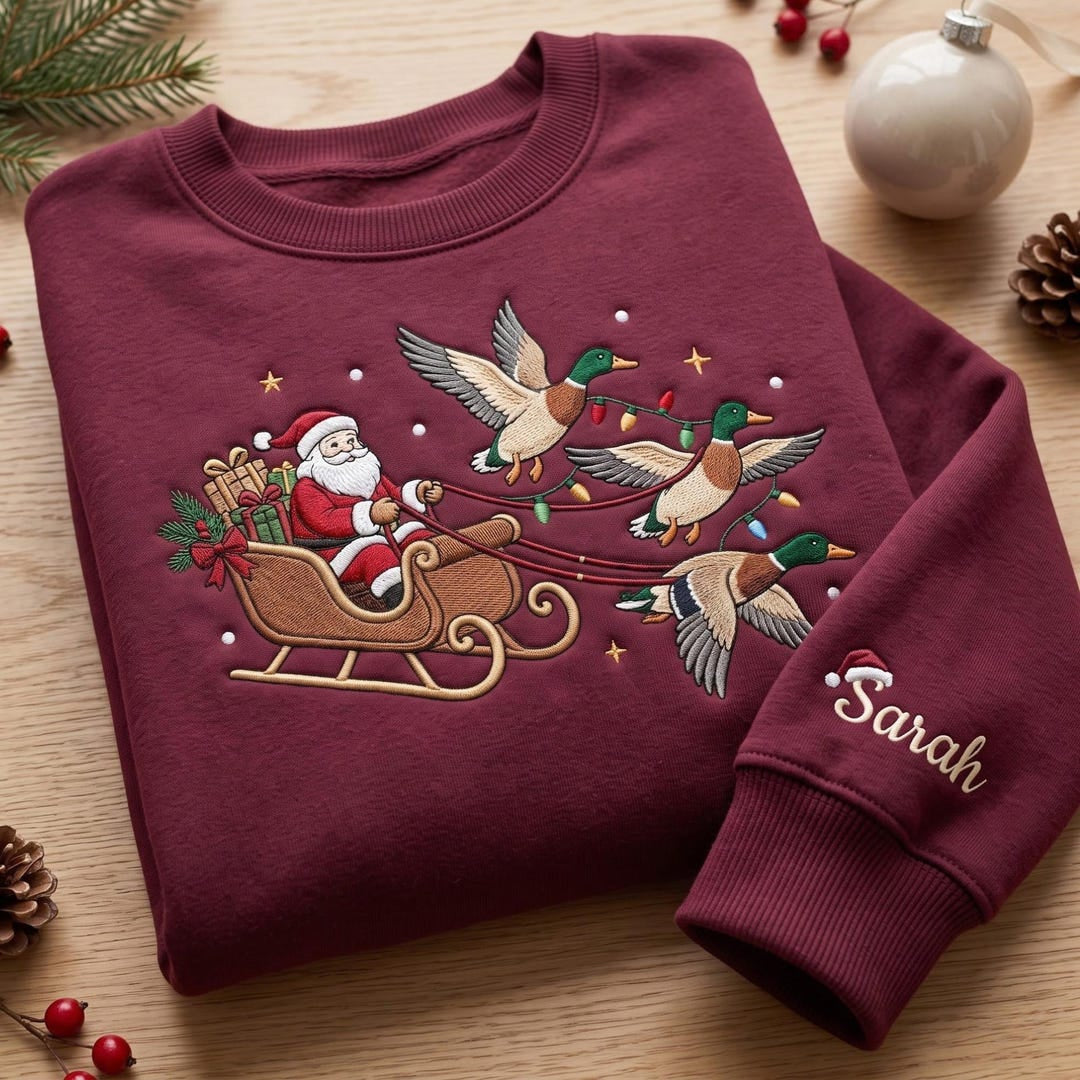Personalized Santa Mallard Duck Sleigh Christmas Lights Custom Name Sleeve embroidered sweatshirt — front view