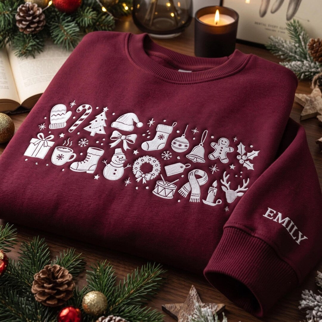 Personalized Christmas Holiday Snowman Reindeer Gingerbread embroidered sweatshirt — front view