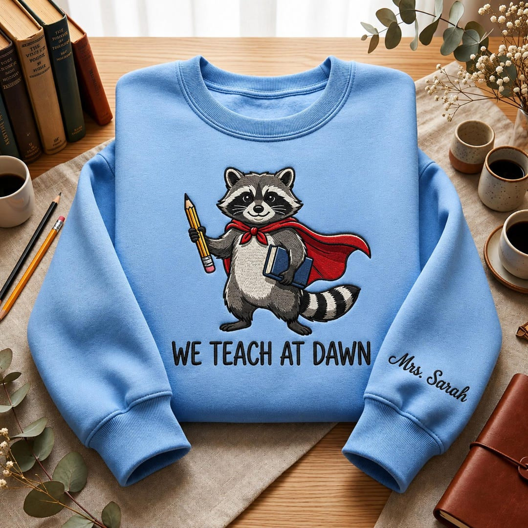 Personalized We Teach at Dawn Superhero Raccoon Teacher Cape Pencil Book embroidered sweatshirt — front view