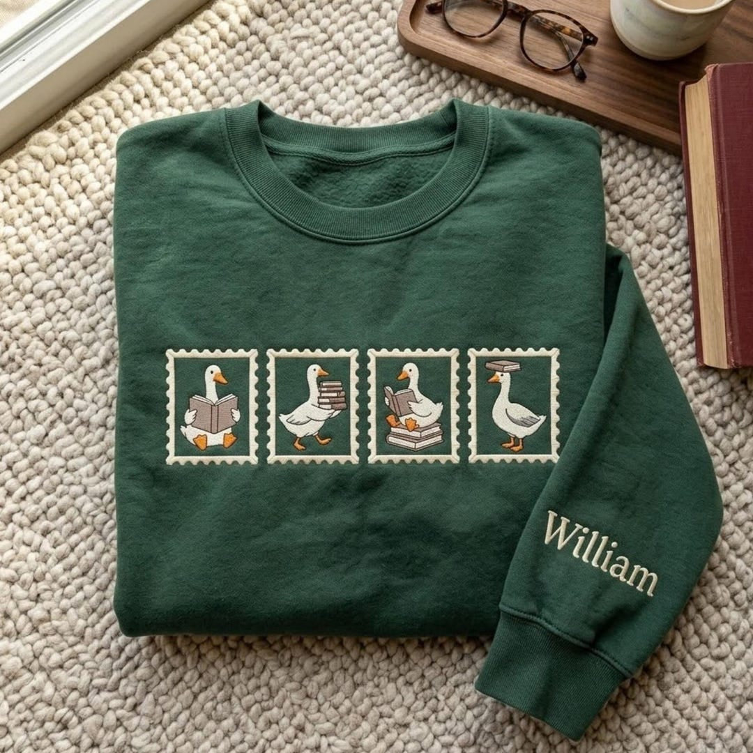 Personalized Reading Goose Postage Stamp Book Lover Custom Sleeve Name embroidered sweatshirt — front view