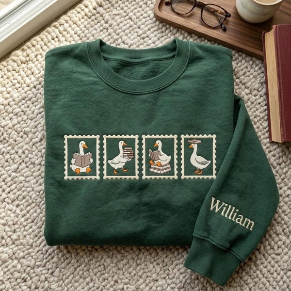 Personalized Reading Goose Postage Stamp Book Lover Custom Sleeve Name embroidered sweatshirt — front view