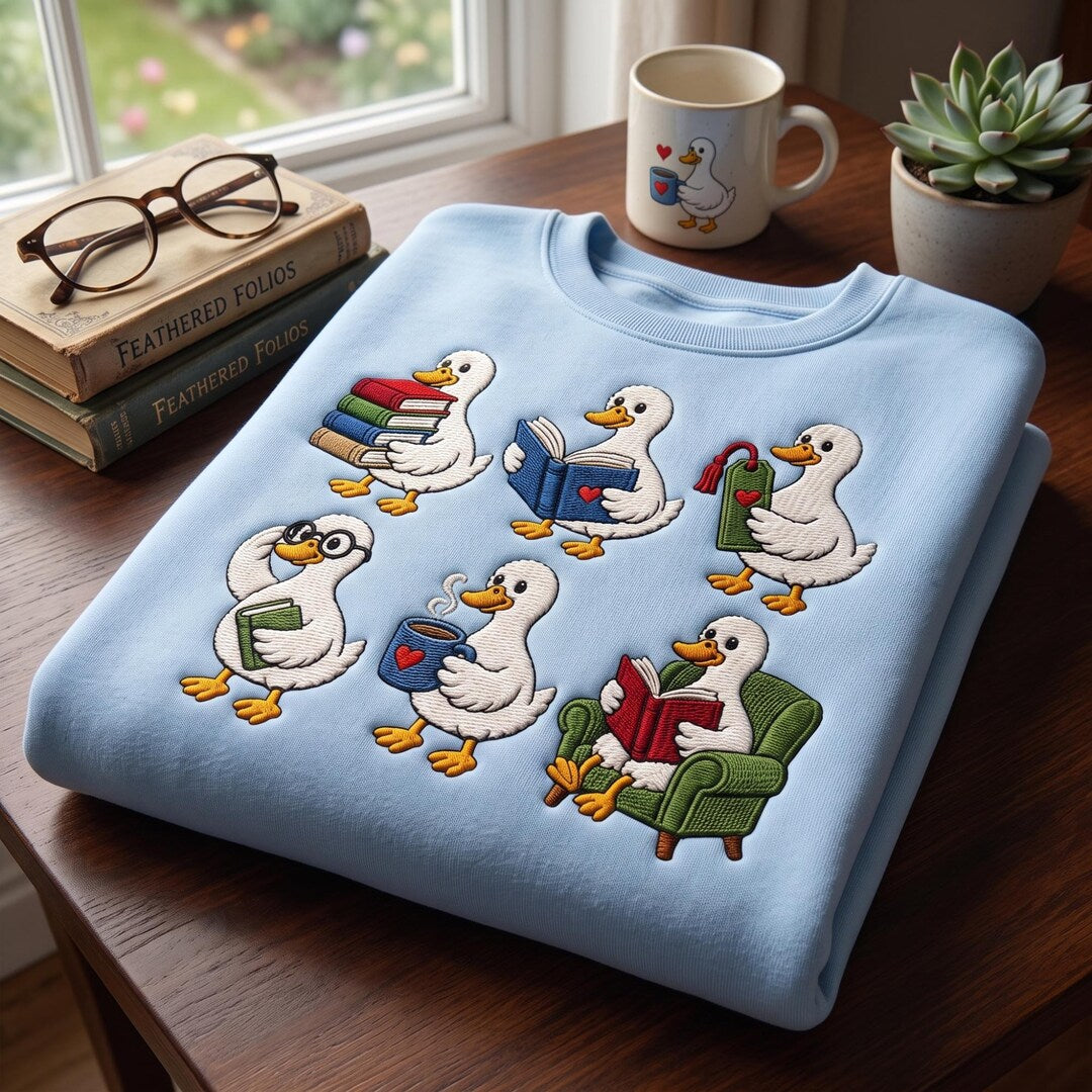 Personalized Reading Duck Book Lover Cute Six Poses Coffee Armchair embroidered sweatshirt — front view