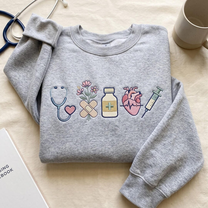 Nurse Medical Stethoscope Anatomical Heart Syringe Wildflower Bandage Embroidered Sweatshirt
