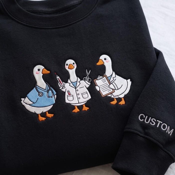 Personalized Medical Goose Trio Nurse Doctor Scrubs Lab Coat Clipboard Custom Sleeve Embroidered Sweatshirt