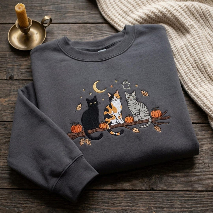Halloween Three Cats Pumpkin Branch Moon Ghost Autumn Embroidered Sweatshirt