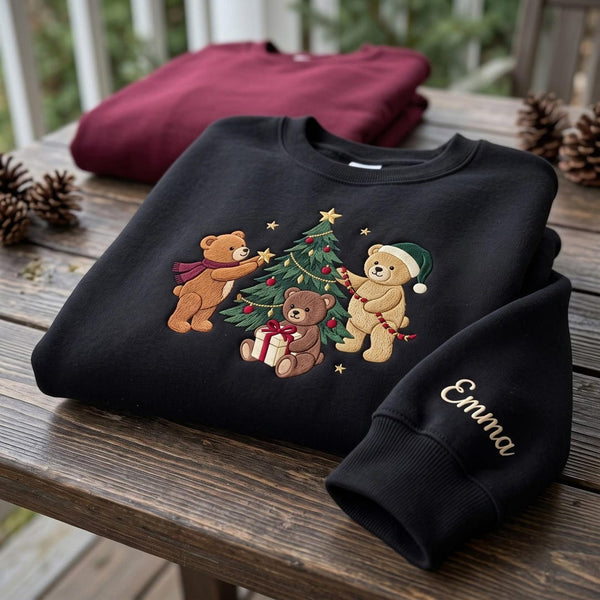 Personalized Christmas Teddy Bears Decorating Tree Holiday embroidered sweatshirt — front view