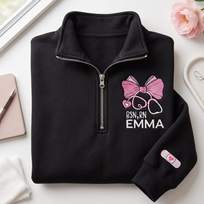 Personalized Nurse Coquette Bow Stethoscope Bsn RN Name Embroidered Quarter-Zip
