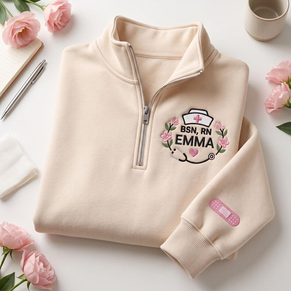Personalized Nurse Bsn RN Floral Stethoscope Band-Aid Sleeve embroidered sweatshirt — front view