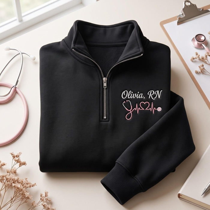 Personalized Nurse RN Stethoscope Heartbeat Heart Left Chest Embroidered Quarter-Zip