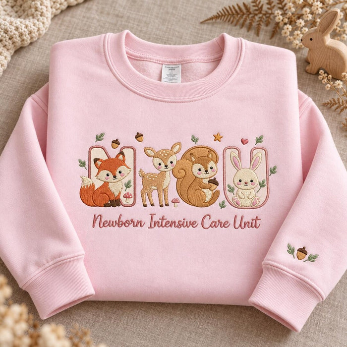 NICU Nurse Woodland Animals Fox Deer Squirrel Bunny Newborn Intensive Care Unit Embroidered Sweatshirt