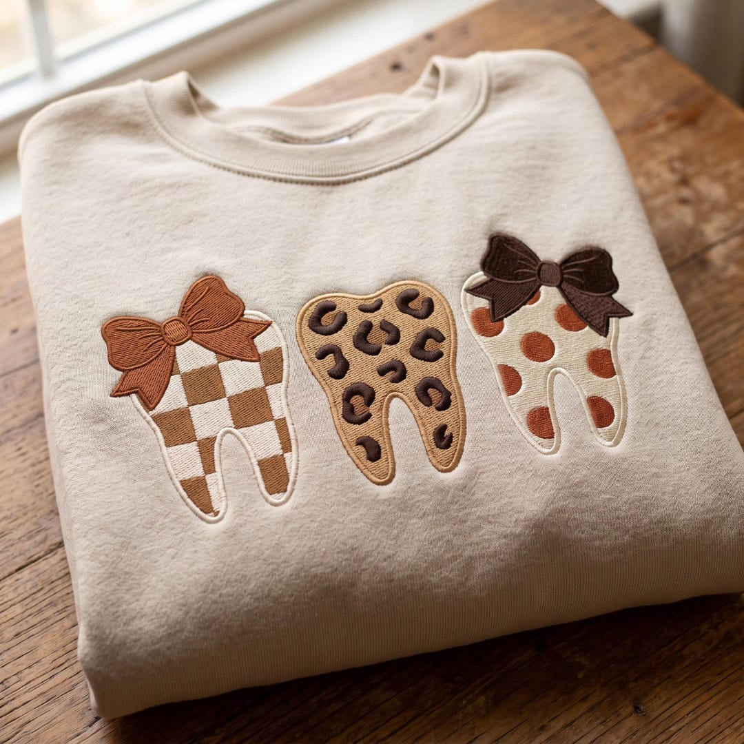 Personalized Three Coquette Bow Teeth Checkered Leopard Polka Dot Dental Hygienist Custom Name embroidered sweatshirt — front view