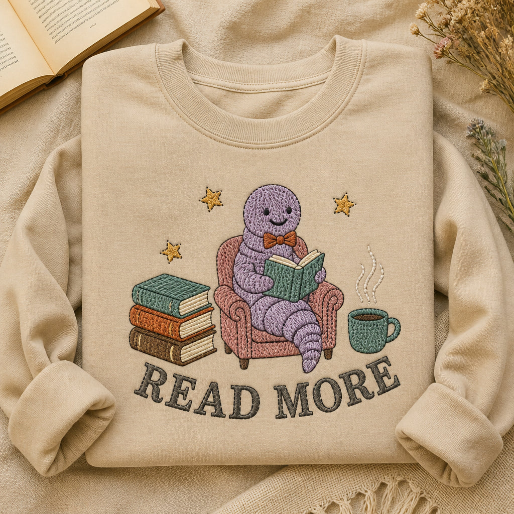 Cozy Bookworm Reading Nook for Book Lovers embroidered sweatshirt — front view