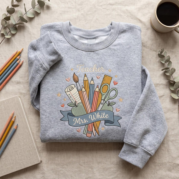 Personalized Teacher Name School Supplies Pencils Apple Scissors Ruler Paintbrush Embroidered Sweatshirt