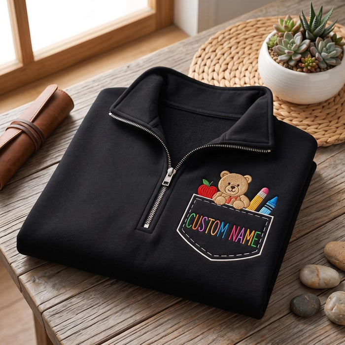 Personalized Teddy Bear Pocket Apple Pencil Crayon Teacher Custom Name Embroidered Quarter-Zip