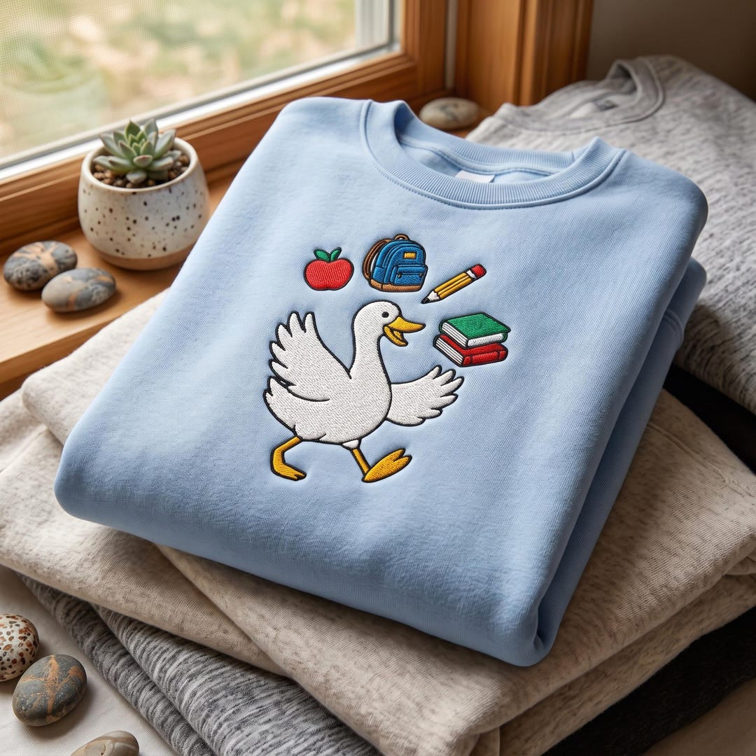 Teacher Goose to School Apple Backpack Books Pencil embroidered sweatshirt — front view