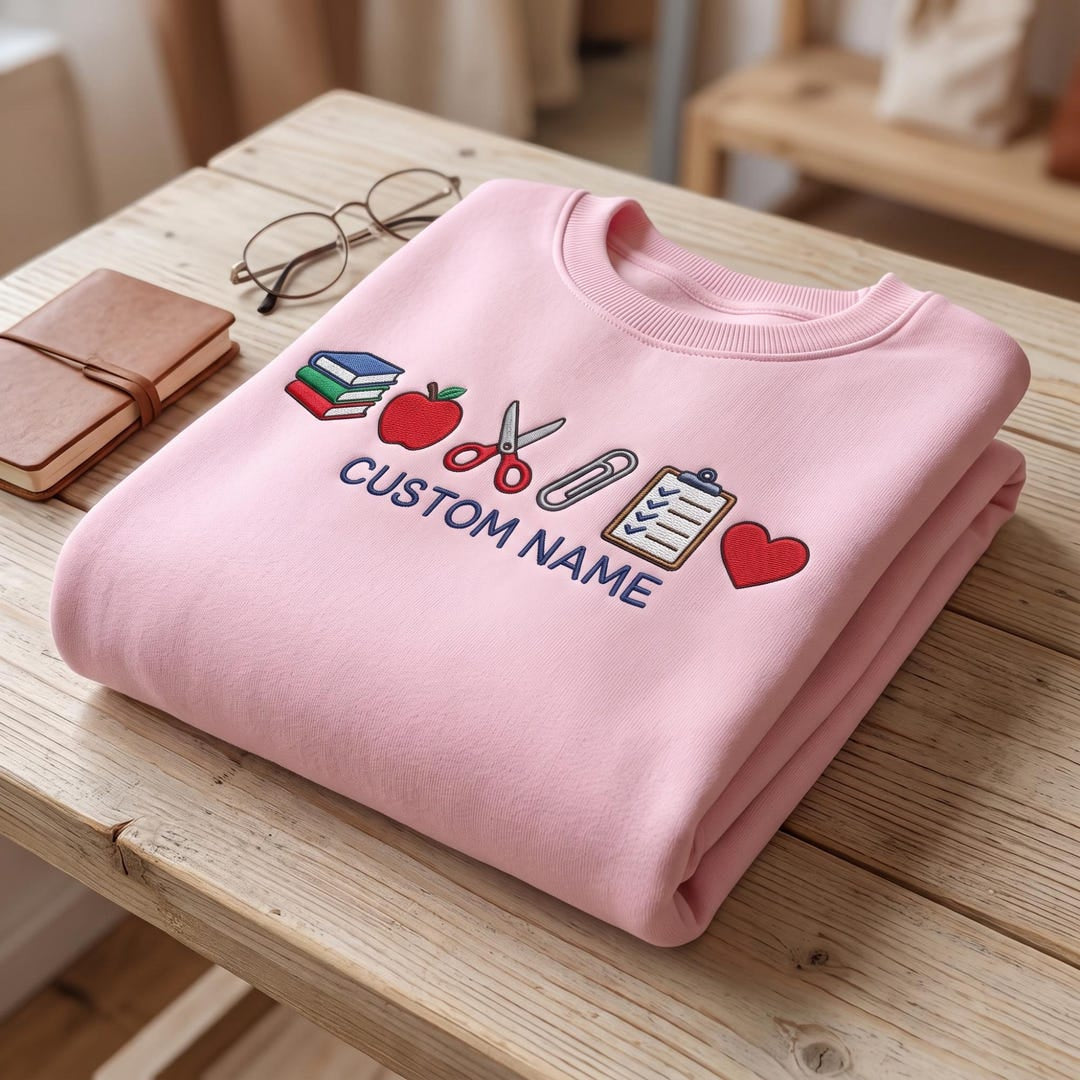 Personalized Teacher Books Apple Scissors Clipboard Heart Custom Name embroidered sweatshirt — front view
