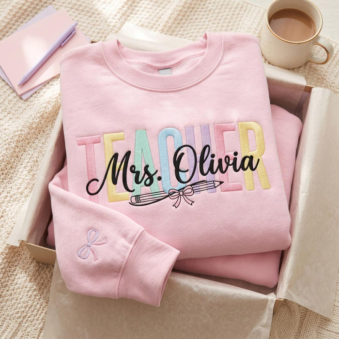 Personalized Teacher Pastel Rainbow Letters Pencil Bow Coquette Custom Name Embroidered Sweatshirt
