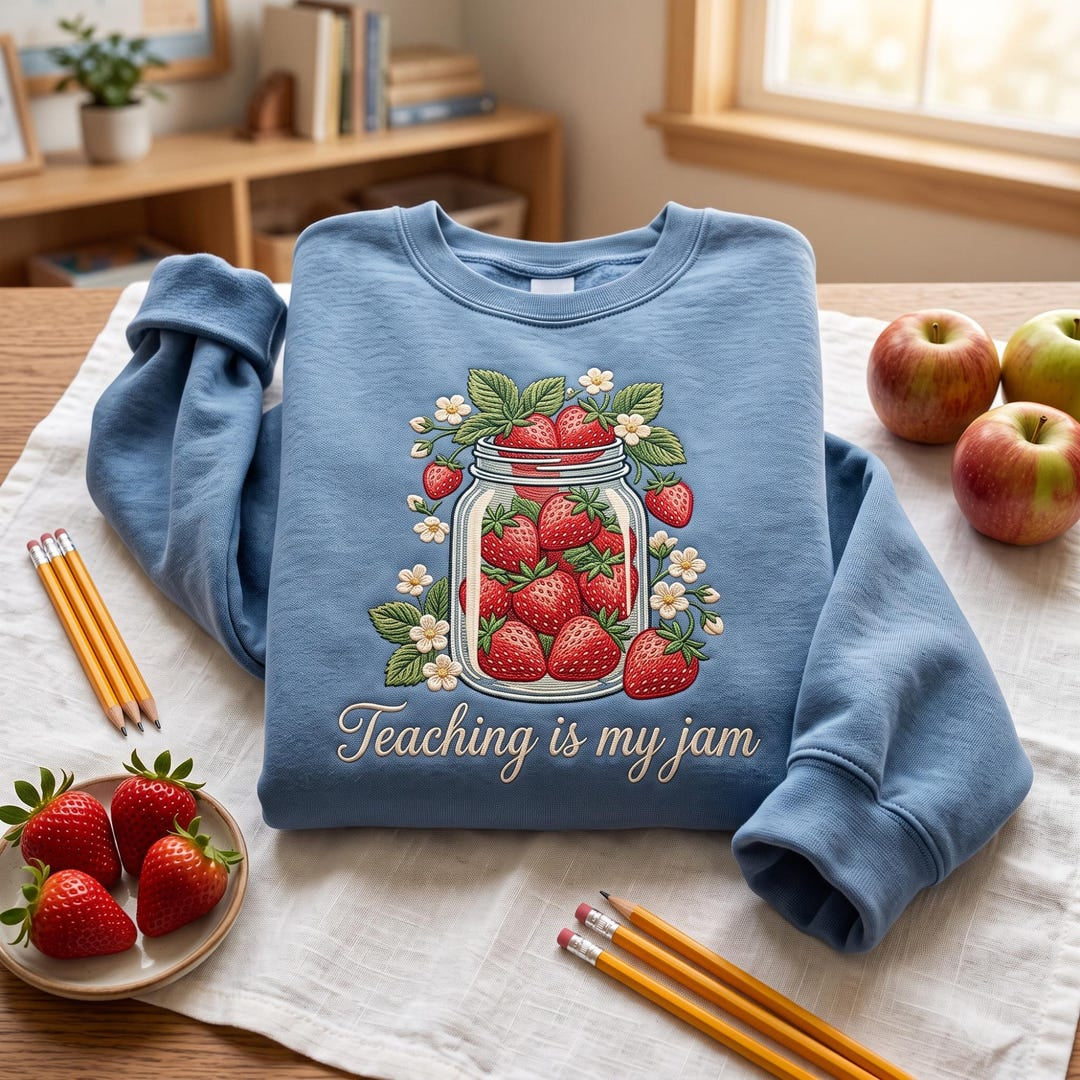 Teacher Strawberry Mason Jar Floral Teaching Is My Jam embroidered sweatshirt — front view