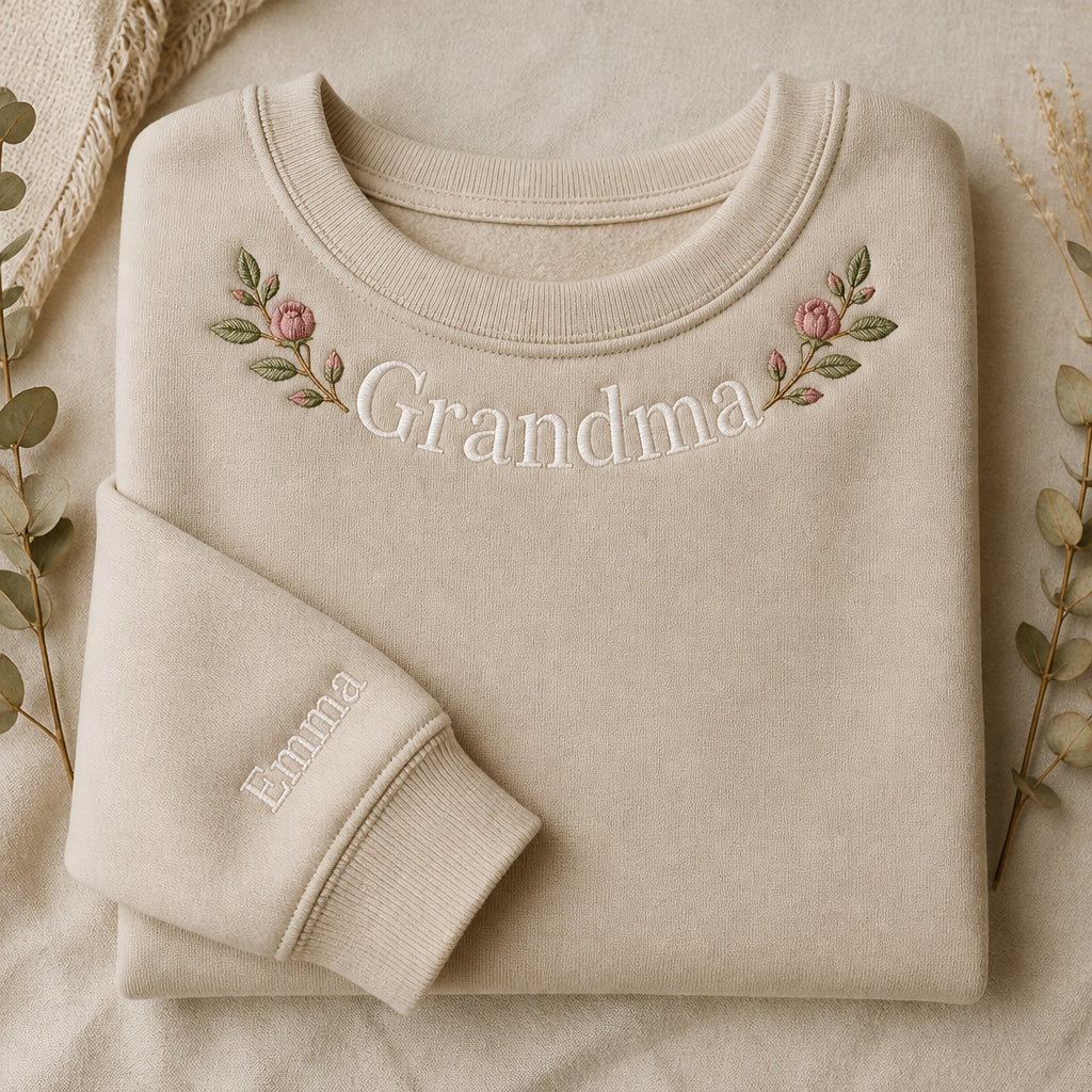 Personalized Grandma Neckline Floral Wreath Gift embroidered sweatshirt — front view