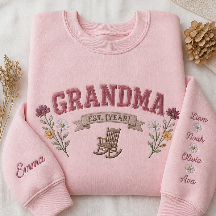 Personalized Grandma Established Year Grandkids Names Floral Embroidered Sweatshirt