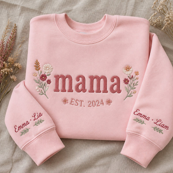 Personalized Mama EST Year Wildflower Chest embroidered sweatshirt — front view