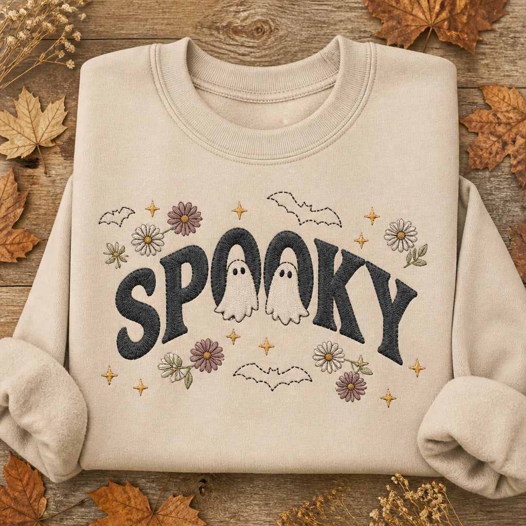 Spooky Season Ghost Floral Halloween Women Fall embroidered sweatshirt — front view