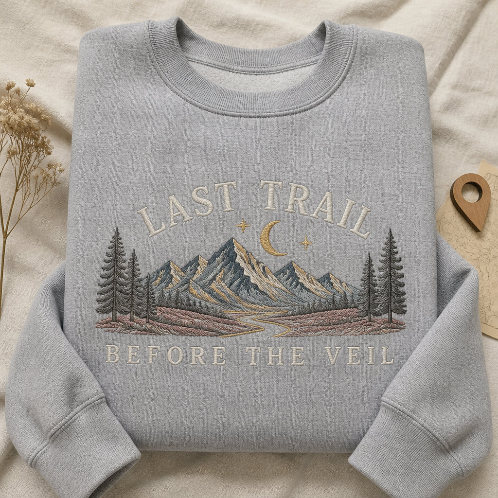 Last Trail Before the Veil Hiking Bachelorette embroidered sweatshirt — front view