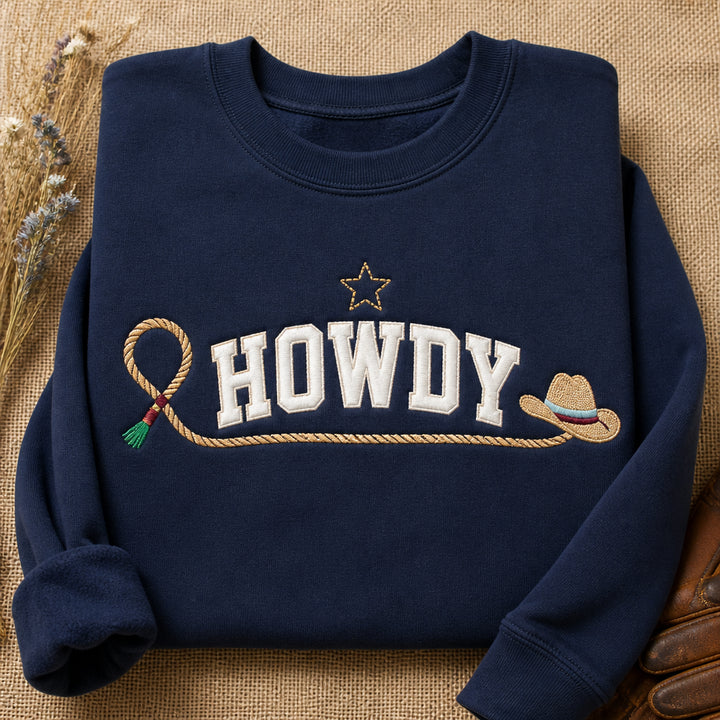 Western Howdy Rodeo Scene embroidered sweatshirt — front view