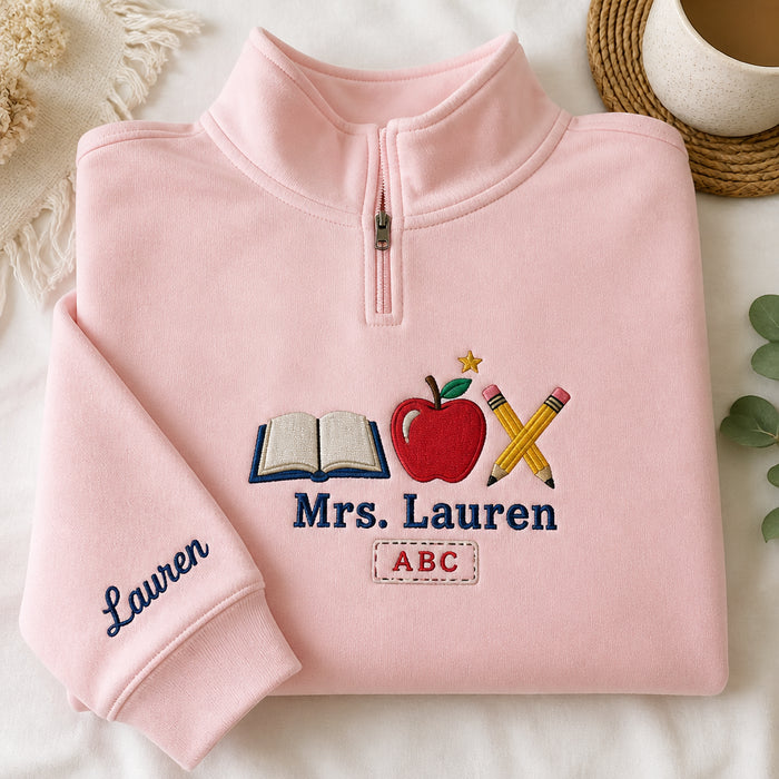 Personalized Teacher Apple Classroom Scene Embroidered Quarter-Zip