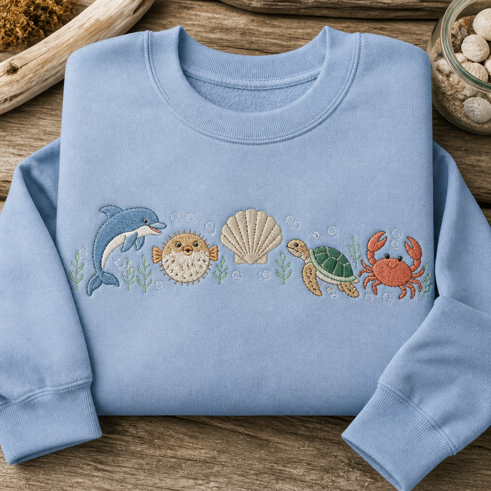 Ocean Critters Arch Sea Life Coastal Embroidered Sweatshirt