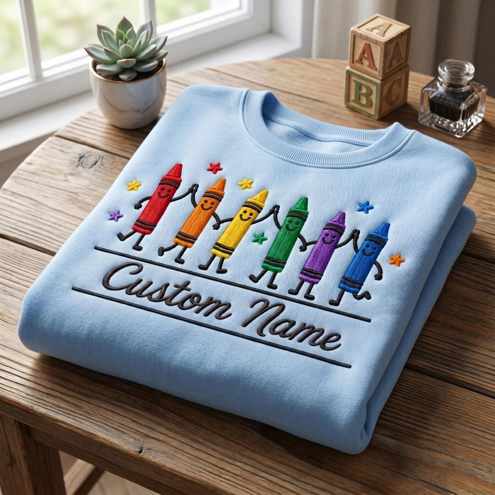 Personalized Rainbow Crayon Friends Custom Name Teacher Embroidered Sweatshirt