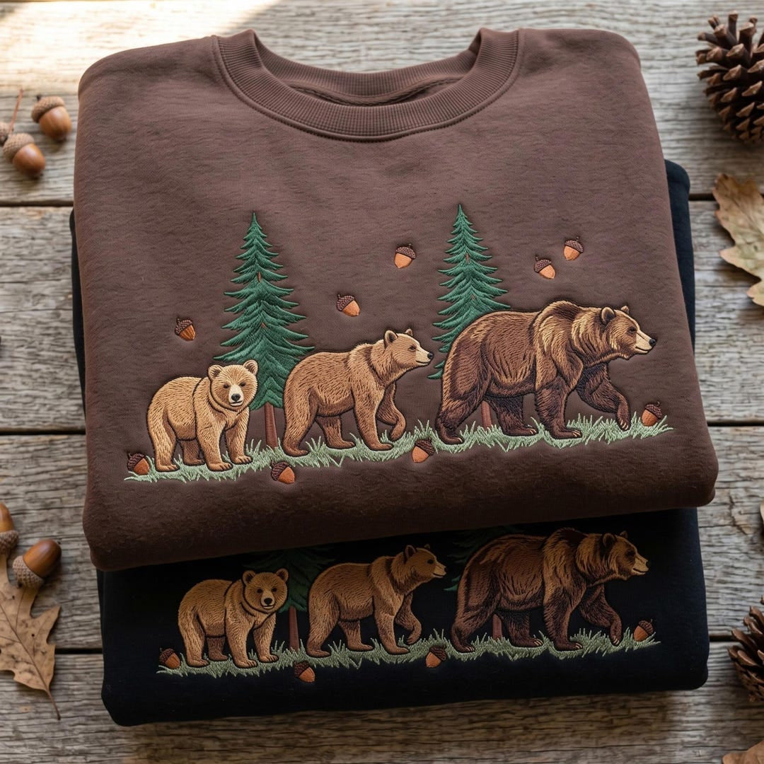 Personalized Bear Family Forest Pine Trees Acorns Woodland embroidered sweatshirt — front view