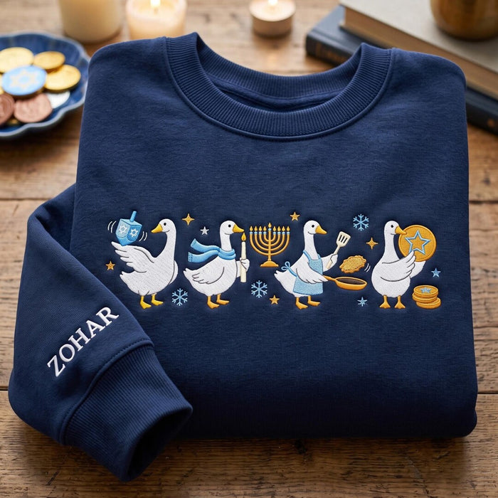 Personalized Hanukkah Geese Menorah Dreidel Latke Gelt Snowflakes Embroidered Sweatshirt