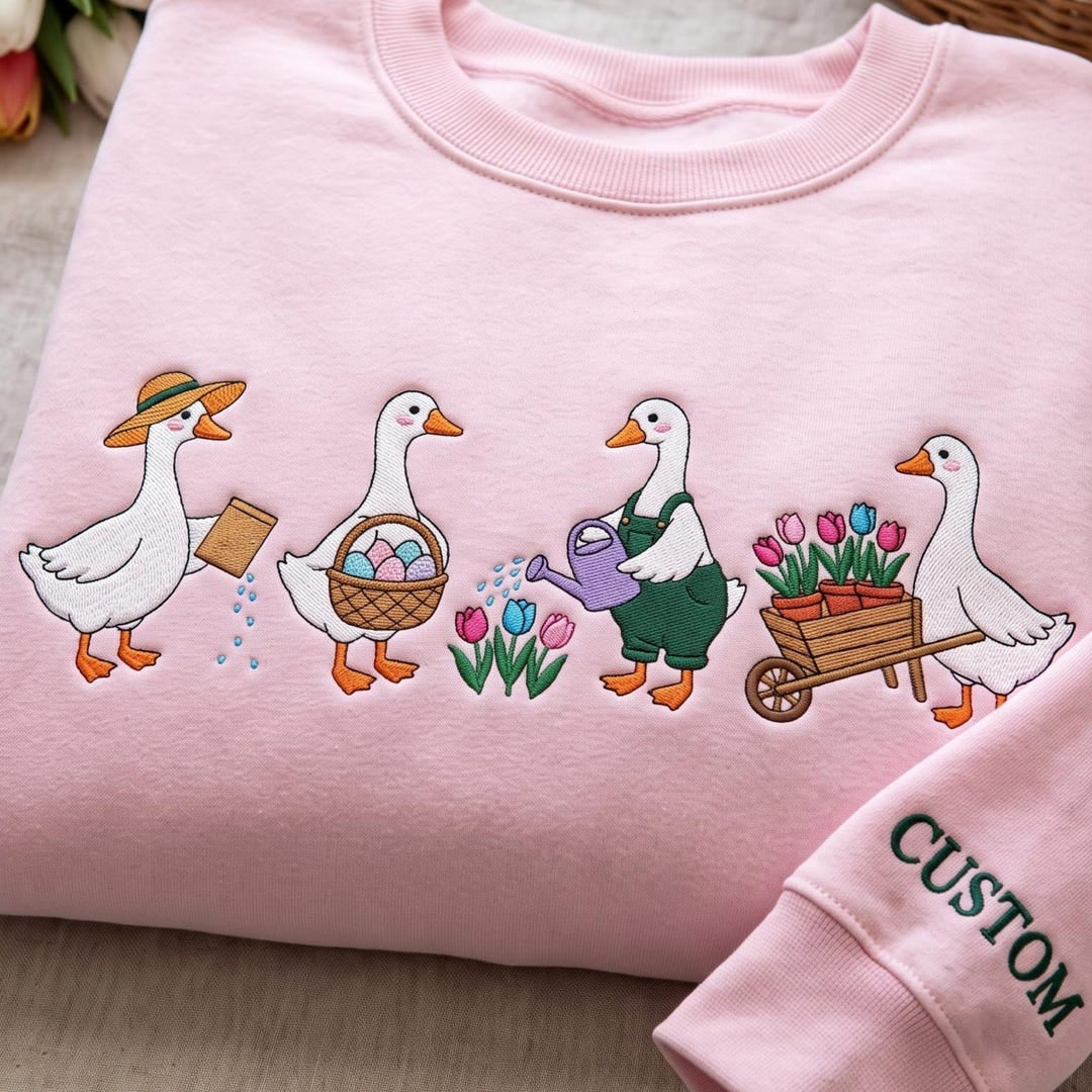 Personalized Spring Garden Geese Tulip Easter Egg Gardening embroidered sweatshirt — front view