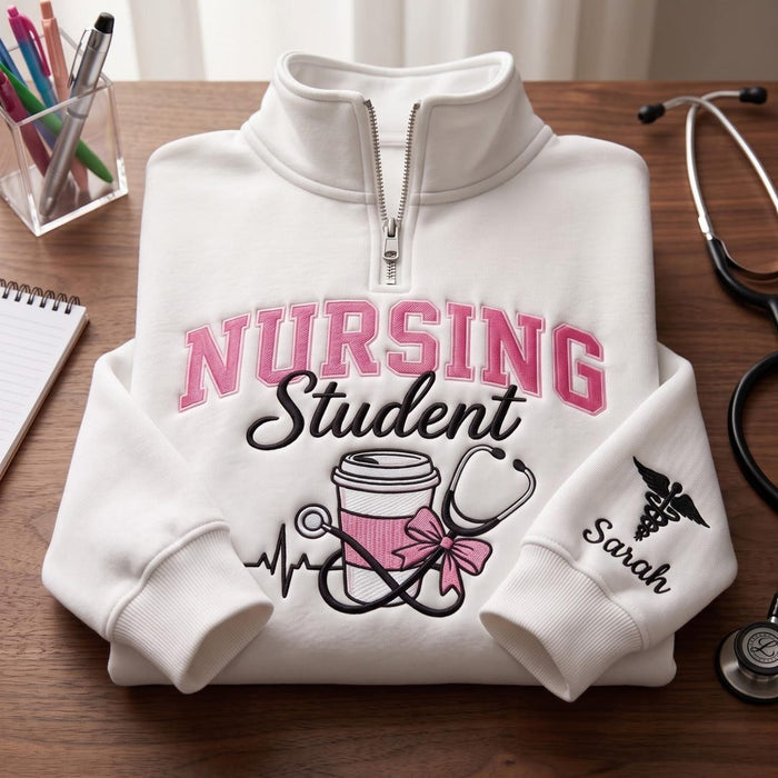 Personalized Nursing Student Stethoscope Coffee Bow Heartbeat Caduceus Embroidered Quarter-Zip