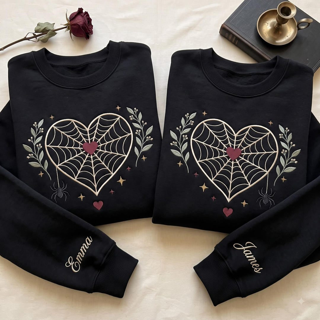 Personalized Matching Couple Halloween Spider Web Heart Botanical Gothic Name embroidered sweatshirt — front view