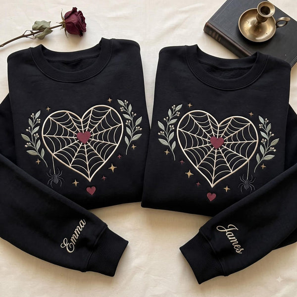 Personalized Matching Couple Halloween Spider Web Heart Botanical Gothic Name embroidered sweatshirt — front view