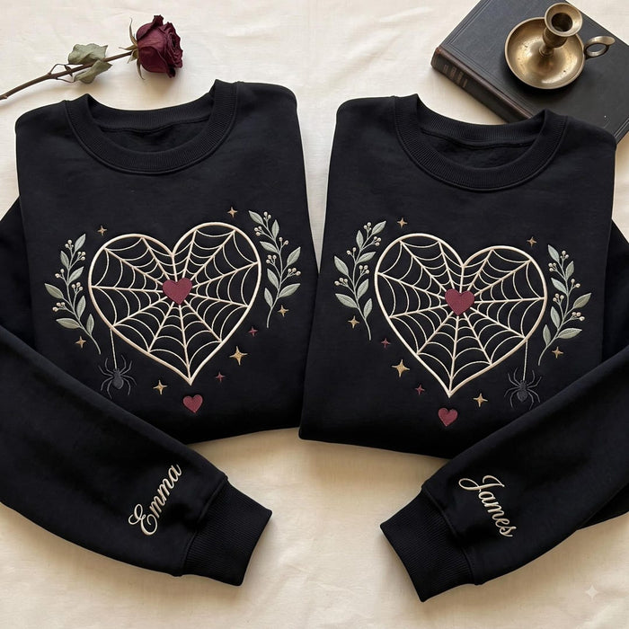 Personalized Matching Couple Halloween Spider Web Heart Botanical Gothic Name Embroidered Sweatshirt