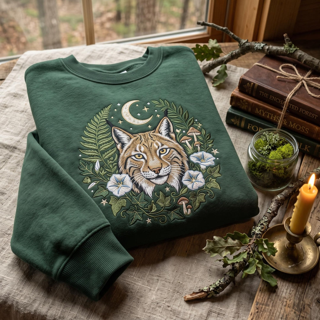 Woodland Lynx Crescent Moon Mushroom Floral Botanical embroidered hoodie — front view