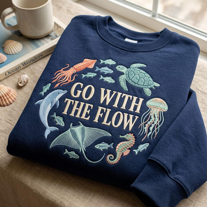 Go with the Flow Ocean Sea Turtle Dolphin Jellyfish Manta Ray Seahorse Squid Embroidered Sweatshirt