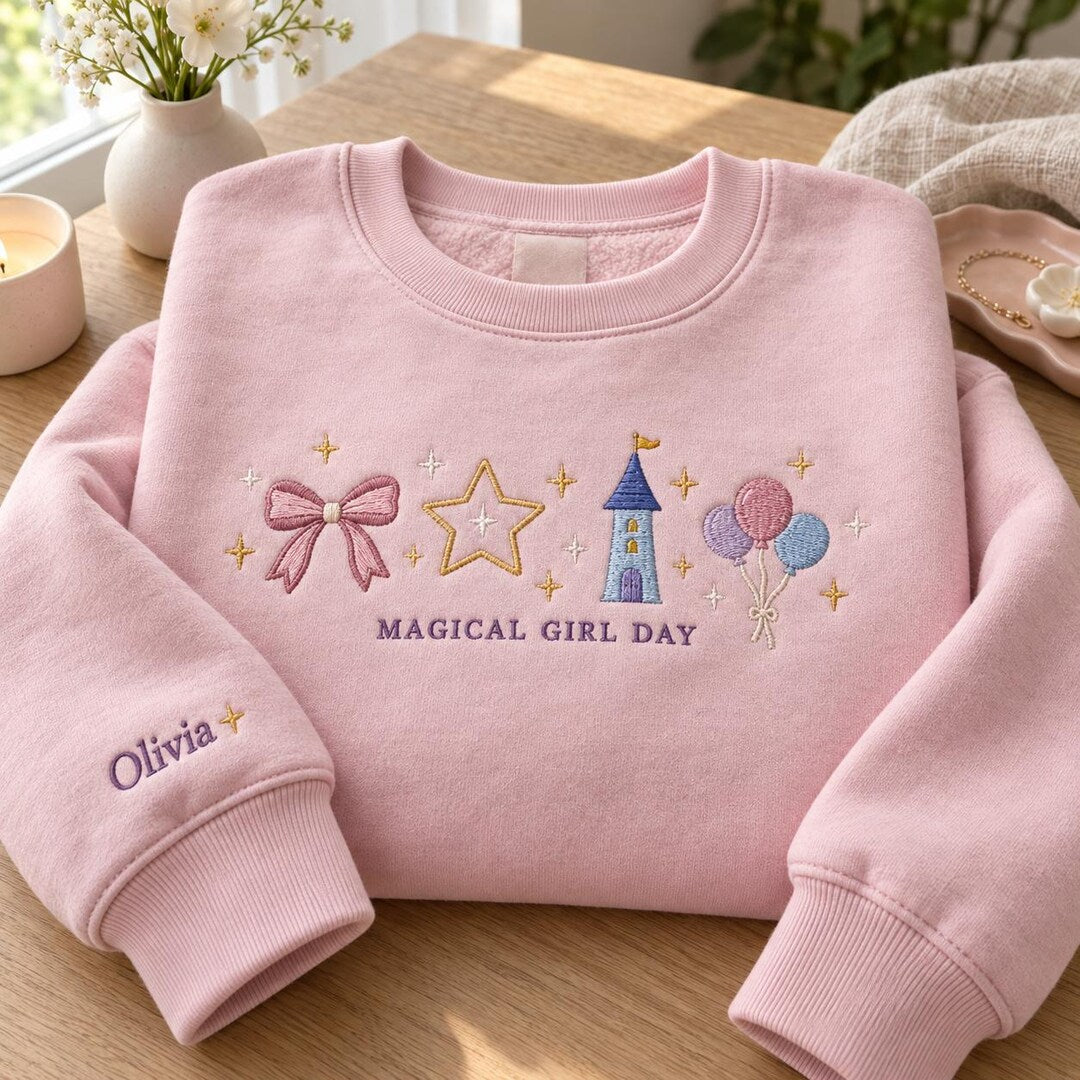 Personalized Magical Girl Day Bow Star Castle Balloons Custom Name embroidered sweatshirt — front view