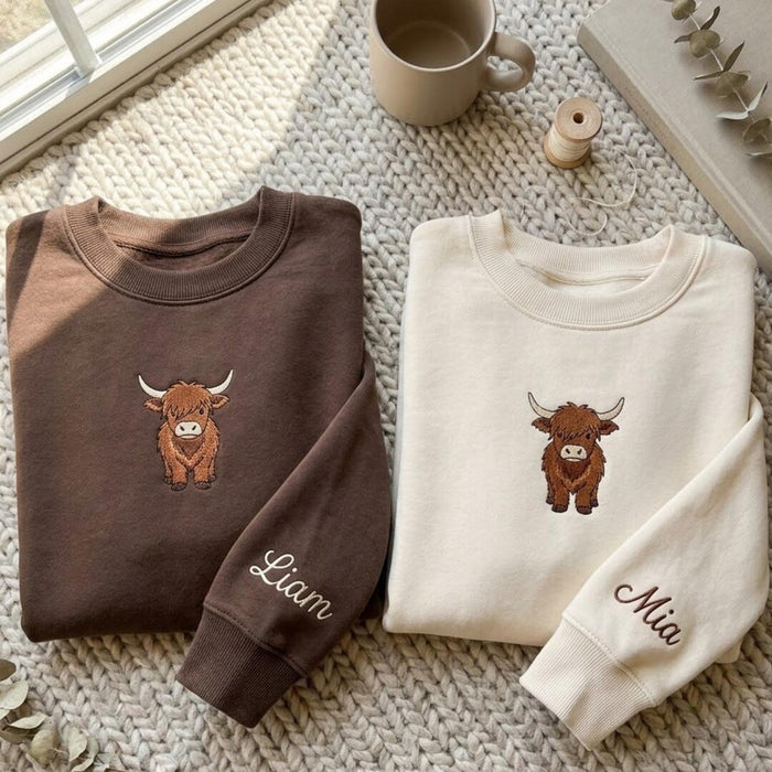Personalized Highland Cow Sleeve Name Embroidered Sweatshirt