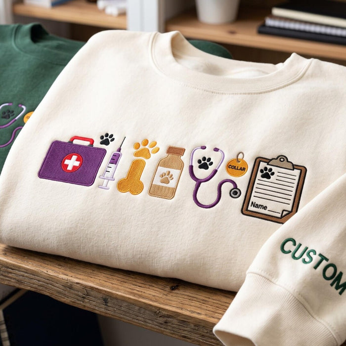 Personalized VET Tech Veterinary Paw Print Stethoscope First Aid Kit Embroidered Sweatshirt